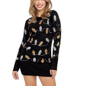 Holiday Black Sweater Dress with Gold and Silver Sequin Bulbs